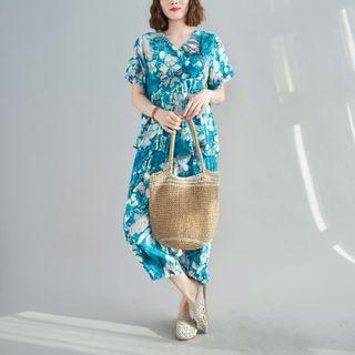 Set: Short-sleeve Print Top + Cropped Wide-leg Pants