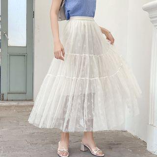 Tiered Mesh Maxi A-line Skirt