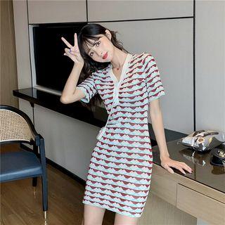 Contrast Trim Patterned Knit Sheath Dress