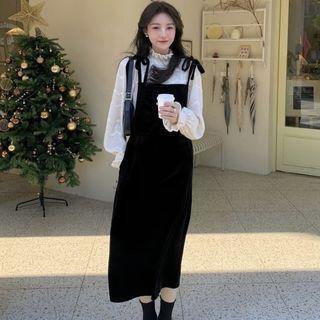 Long-sleeve Blouse / Spaghetti Strap Midi A-line Velvet Dress