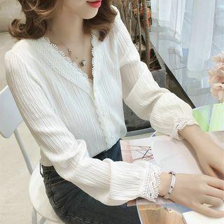 Long-sleeve V-neck Lace Trim Blouse / Camisole
