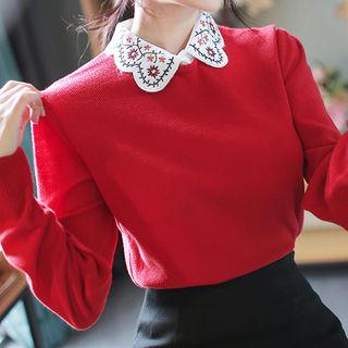 Embroidered-collar Knit Top