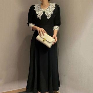 Puff-sleeve Lace Panel Dress As Shown In Figure - One Size