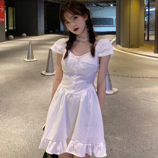 Short-sleeve Ruffle Hem Button-up Mini A-line Dress