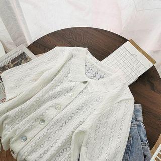 Collared Short-sleeve Pointelle Knit Cardigan White - One Size