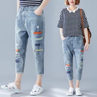 Ripped Applique Denim Capri Pants
