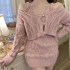 Set: Knit Mini Bodycon Dress + Cropped Cardigan Set Of 2 - Cardigan & Dress - Pink - One Size
