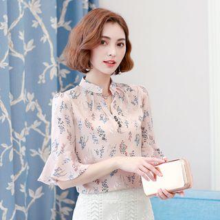 Printed Bell Elbow-sleeve Chiffon Top