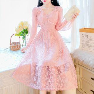Long-sleeve V-neck Beaded Trim Lace A-line Dress