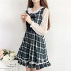 Ruffled Long-sleeve Mesh Top / Plaid Mini A-line Pinafore Dress