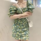 Floral Print Puff-sleeve Ruched Mini Sheath Dress