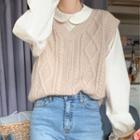 Long-sleeve Plain Blouse / Knit Vest / Set