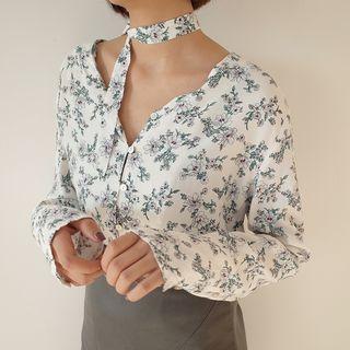Floral Print V-neck Long-sleeve Blouse