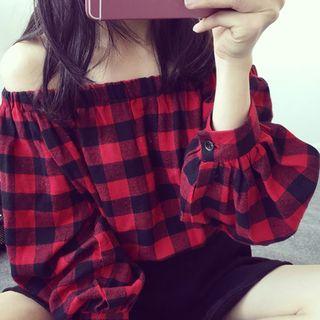 Off-shoulder Plaid Long-sleeve T-shirt