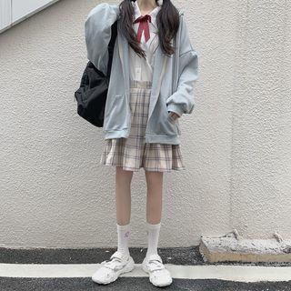 Zip Hoodie / Plaid Pleated Skirt / Plain Shirt With Neck Tie
