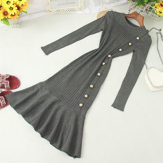 Buttoned Ruffle Hem Long-sleeve Midi Knit Sheath Dress