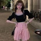 Puff-sleeve Lace Trim Crop Top / Lace-up Pleated Mini Skirt