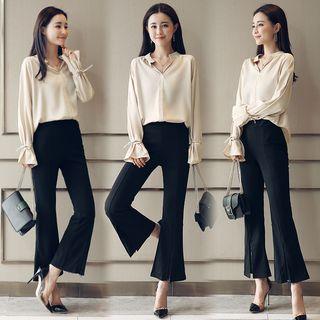 Set: V-neck Long-sleeve Blouse + Boot Cut Pants