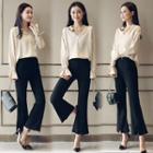 Set: V-neck Long-sleeve Blouse + Boot Cut Pants