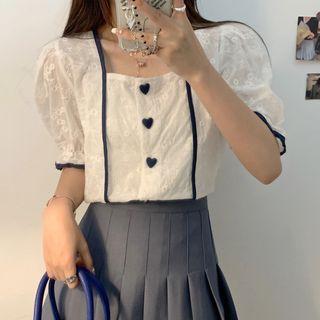 Puff-sleeve Square-neck Contrast Trim Heart Button Shirt