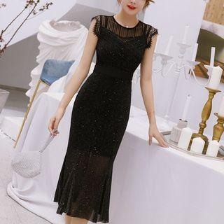 Sleeveless Sheer Mermaid Midi Sheath Dress