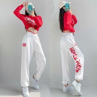 Set : Long-sleeve Lettering Cropped T-shirt + Gathered Cuff Pants
