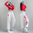 Set : Long-sleeve Lettering Cropped T-shirt + Gathered Cuff Pants