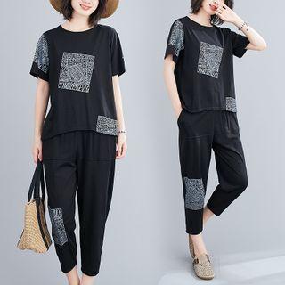 Set: Lettering Short-sleeve T-shirt + Cropped Straight-cut Pants
