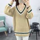 V-neck Contrast-stripe Long Sweater