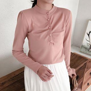 Long-sleeve Crinkled Faux Pearl Buttoned Knit Top