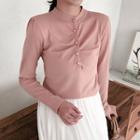 Long-sleeve Crinkled Faux Pearl Buttoned Knit Top