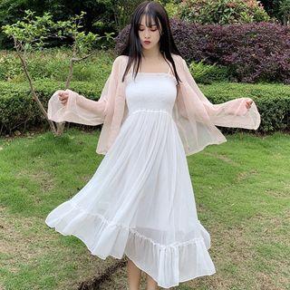 Spaghetti Strap Midi A-line Dress / Chiffon Light Jacket