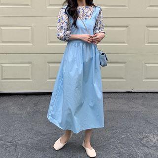 Elbow-sleeve Floral Top / Midi Jumper Dress