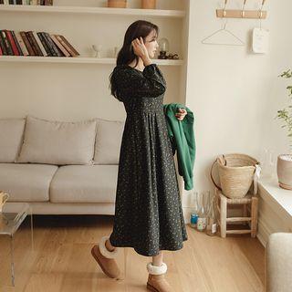 Puff-sleeve Napped Long Floral Dress