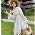 Long-sleeve V-neck Ruffle Trim A-line Dress