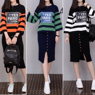 Set: 3/4-sleeve Striped Sweater + Buttoned Knit Skirt
