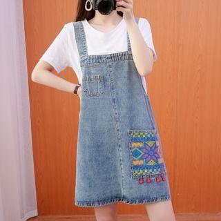 Pattern Embroidered Midi Denim Overall Dress
