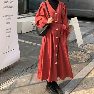Single-breasted Long-sleeve Midi Shift Dress
