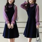 Set: Long-sleeve Frill Collar Mesh Top + A-line Tank Dress
