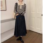 Striped Knit Polo Shirt / Denim Midi Skirt