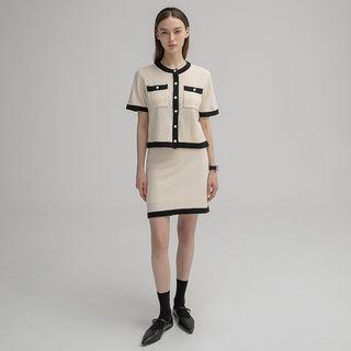 Set: Contrast-trim Cardigan + Miniskirt