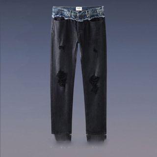 Patched Distressed Straight Leg Jeans
