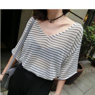 Striped Elbow Sleeve V-neck Knitted T-shirt