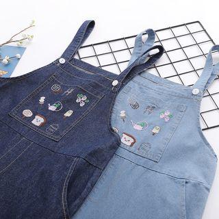 Cartoon Embroidered Denim Straight-cut Jumper Pants