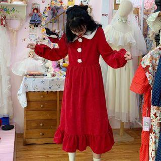 Contrast Collar Midi A-line Dress Red - One Size