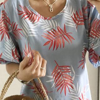 Leaf-patterned Balloon-sleeve A-line Maxi Dress