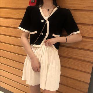 Set: Double-breasted Knit Top + Pleated A-line Skirt