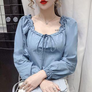 Long-sleeve Plain Ruffled Trim Top