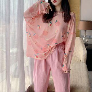 Long-sleeve Peach Print T-shirt / Paperbag Waist Pants