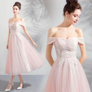 Off Shoulder A-line Midi Wedding Dress